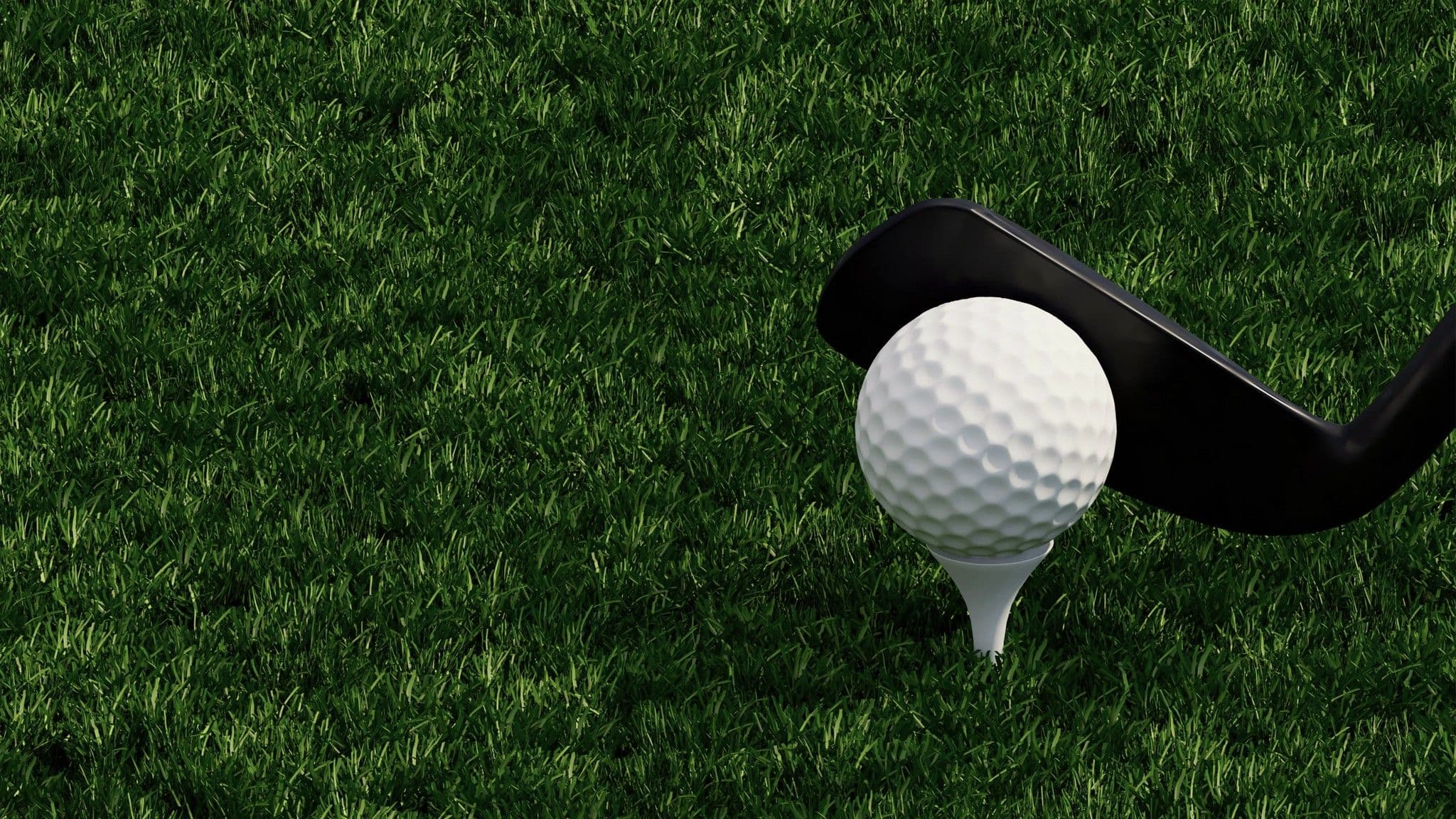 Nahaufnahme eines weißen Golfballs auf dem Tee im Gras, direkt dahinter der schwarze Schlägerkopf.