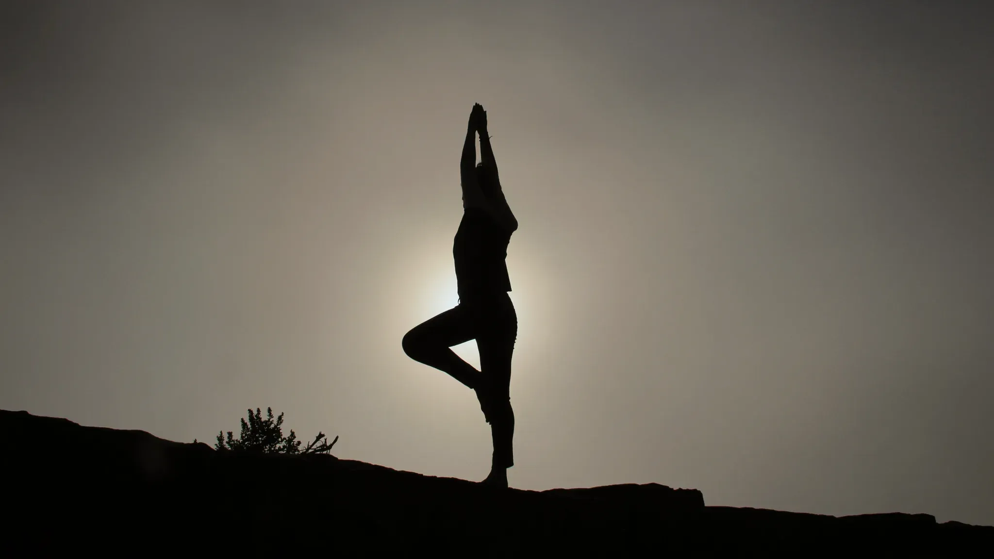 Silhouette einer Person in der Yoga-Baumhaltung vor der tiefstehenden Sonne.